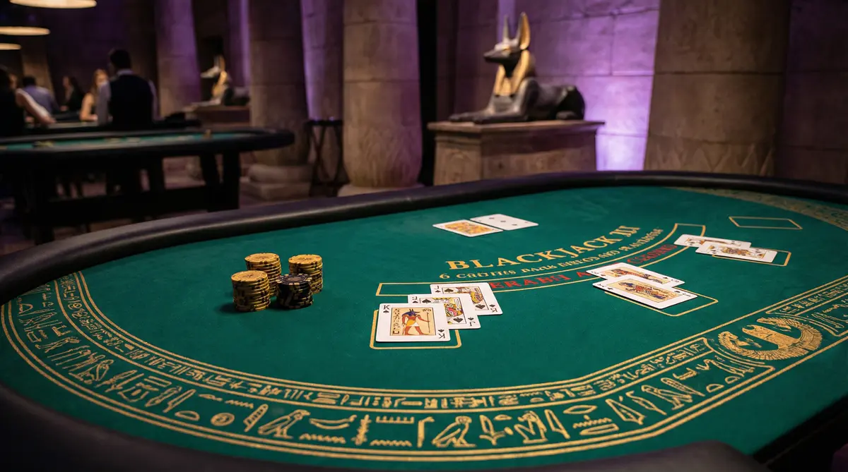 Mesa de blackjack com decoração egípcia no onabet entrar